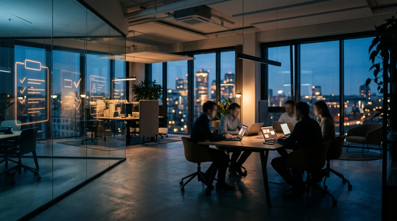 Modernes deutsches Büro in der Abenddämmerung mit leuchtenden Checklisten an einer Glaswand – Symbolbild für KI-Schulungspflicht im Unternehmen