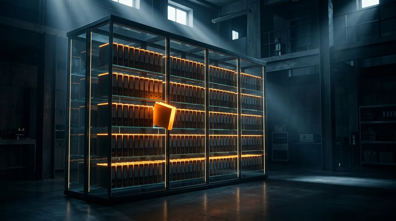 Glas-Archivschrank mit leuchtenden Ordnern in geordneten Reihen – Symbolbild für die KI-Compliance-Dokumentation und den Nachweisordner